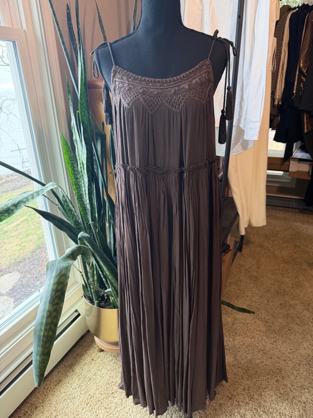 Boho Tie-Strap Brown Maxi Dress with Crochet Yoke